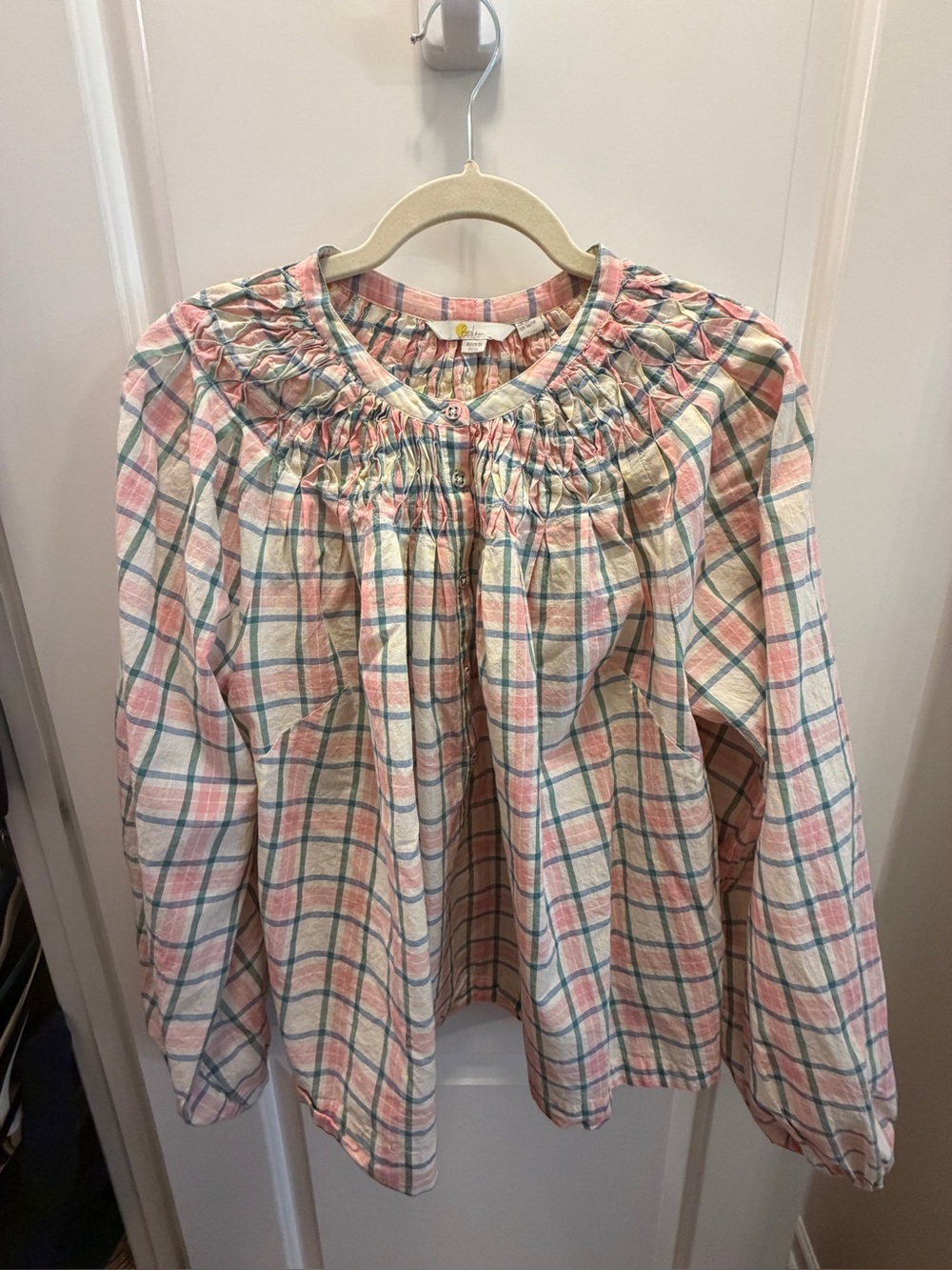 Boden Smocking Detail Blouse in Soft Ivory Pink Check - Picture 3 of 5